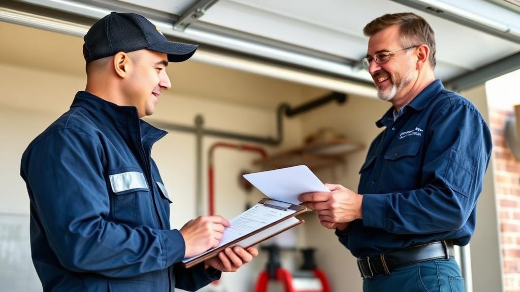 Technician performing garage door repair with transparent pricing breakdown