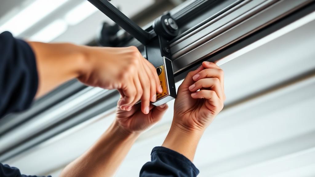 Technician inspecting and adjusting garage door track alignment with professional tools