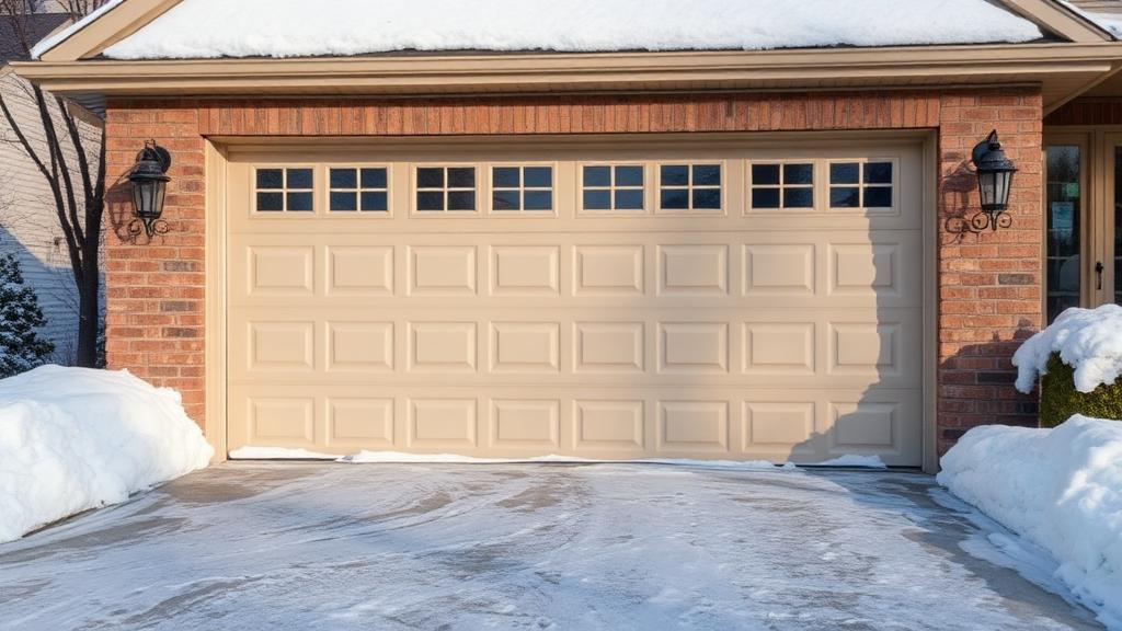 Garage door with snow and ice during Ohio winter requiring weatherization