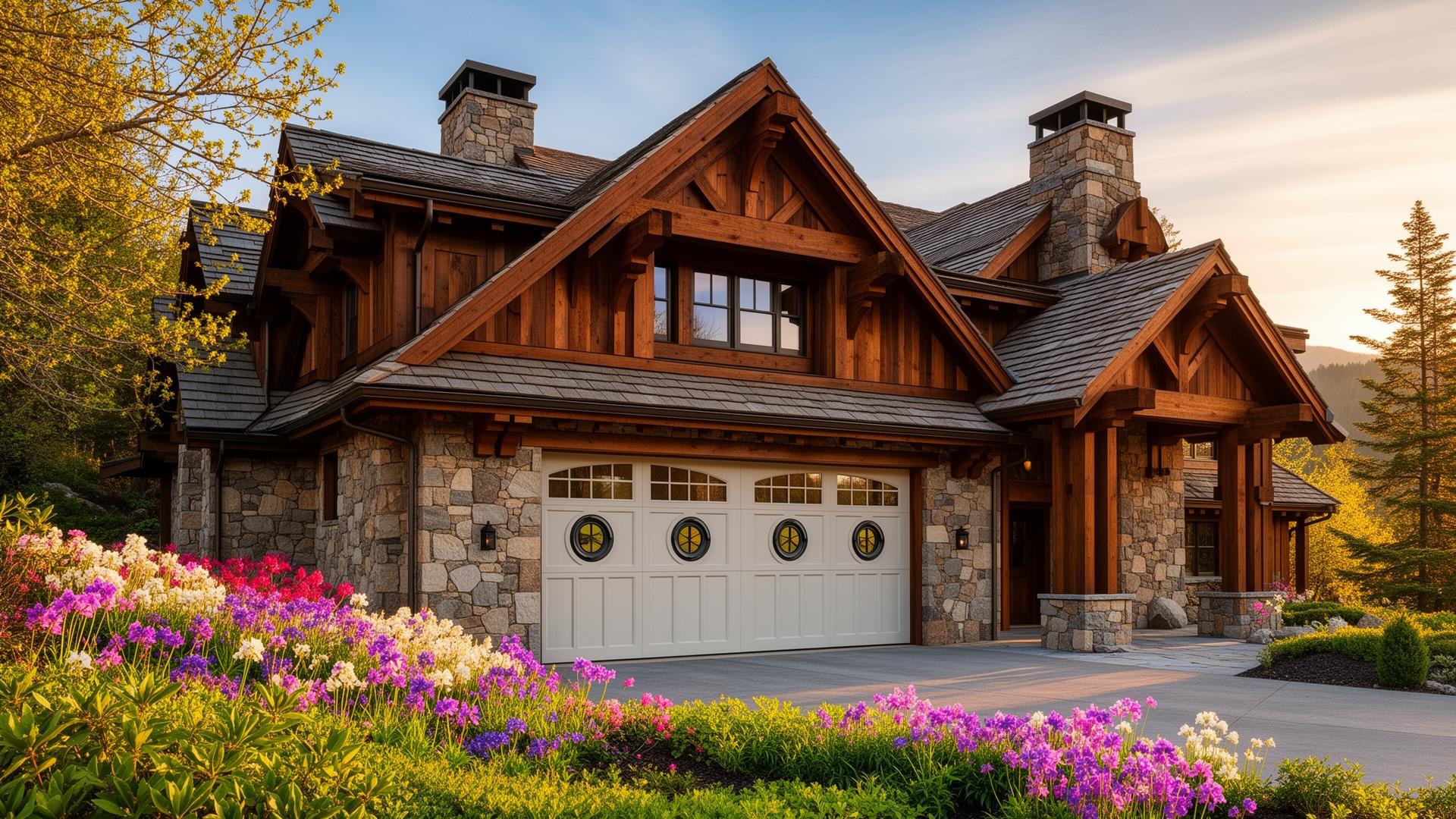 Beautiful mountain lodge home with coastal style carriage garage doors featuring porthole windows